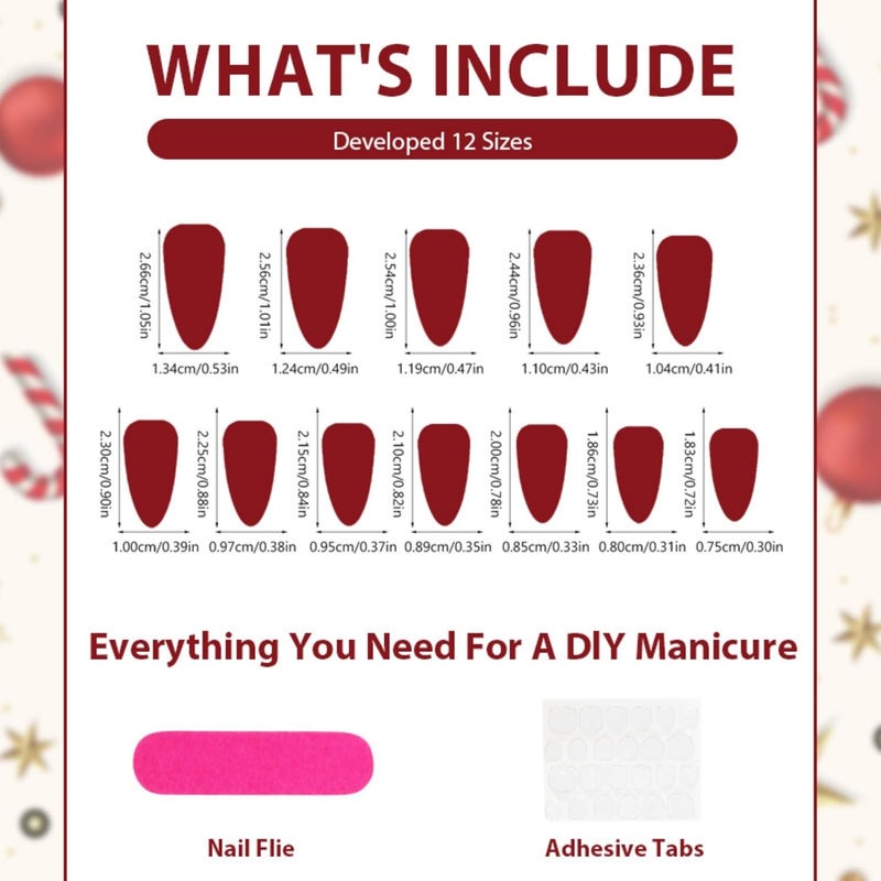SEENEEY Christmas Almond Press on Nails Medium Fake Nails Red Artificial Nail Cherry Designs Cute Stick on Nail for Women 24pcs - Image 4